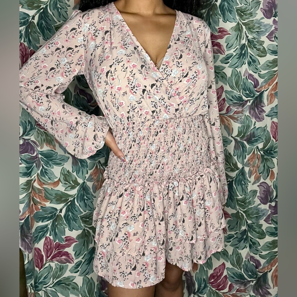 Light Pink Floral Ruched Waist Mini Dress